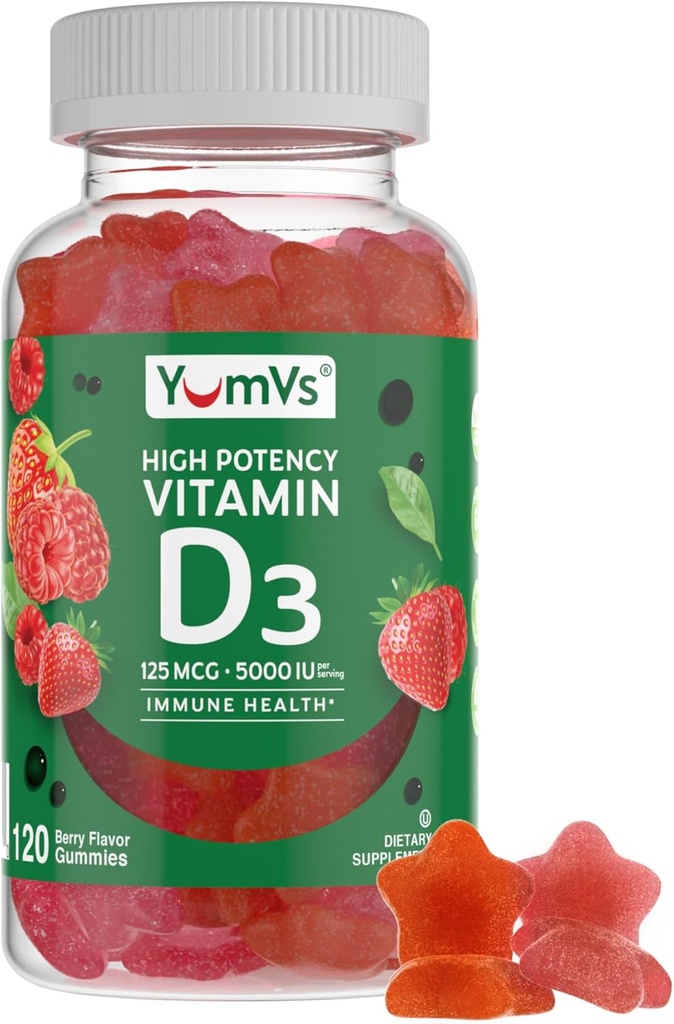 Vitamin D3 Gummies 5000 IU 125mcg D3 Gummies - Support Immune Support, Strong Bone Health - Non-GMO, Gluten-Free, Dairy-Free, Vitamin D Gummy(120 Count)