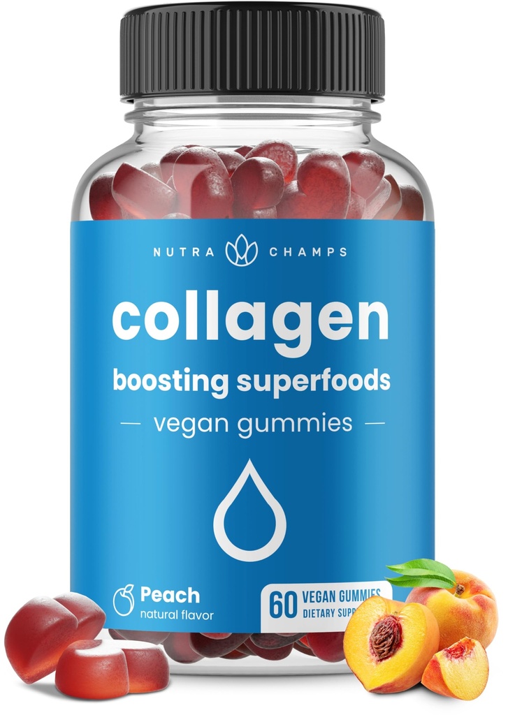 NutraChamps Collagen Boosting Gummies, Collagen Branson Gummy for Natural Collagen Production, Vegan Pectin Supplements Chews for Women & Men, 60 Peachs Gummies