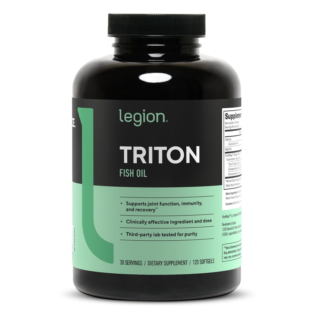 LEGION Triton Fish Oil Capsules - Triple Strength Omega 3 Essential Fatty Asits with Vitamin E & Lemon Oil for maximum Abxia, Freshness & Supreme - 2400 mg EPA & DHA Per Service, 30 Svgs