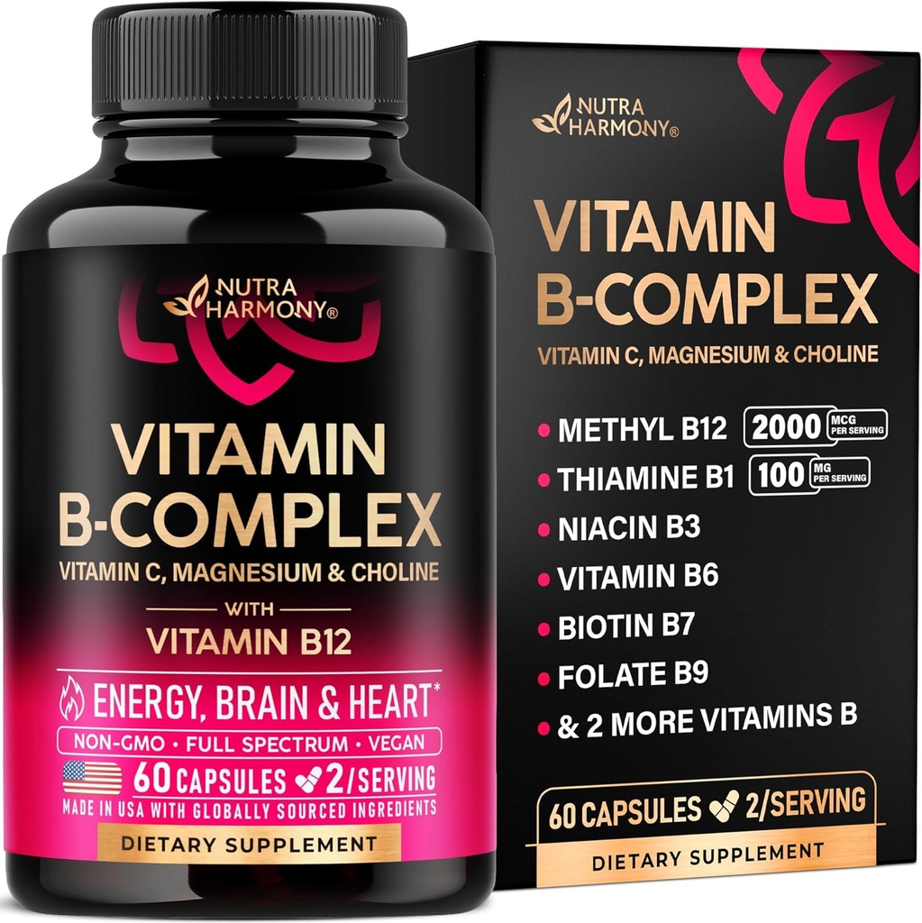 Erkekler ve Kadınlar için B Kompleksi - Riboflavin B2, B12, B1, B3, B5, B6, B7, B8, B9 | Vitamin C, Choline, Inositol - B-Complex Supplement - Enerji, Beyin & Kalp Desteği - ABD'de Yapılan 60 Vegan Caps