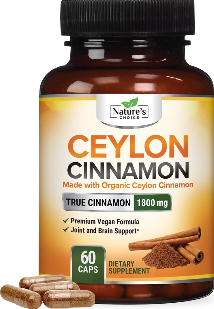 Ceylon Cinnamon Capses 1800mg - Πιστοποιημένη Βιολογική Κανέλα, Εμφιαλωμένη στις ΗΠΑ, & Pure Extra Strength Ceylon Cinnamon Supplement, Αντιοξειδωτικά Χάπια, Μη ΓΤΟ & Χωρίς Γλουτένη, Χωρίς Ζάχαρη - 60 Κάψουλες