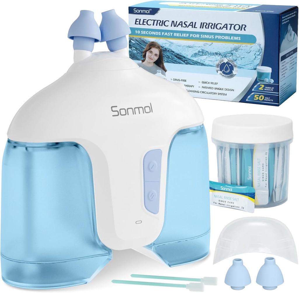 Sonmol Electric Nasal Irrigation System (Nasal Irrigation, Blue), Sinus Yetişkin, Self-Cleaning Nasal Clean ile 50 Packets Saline