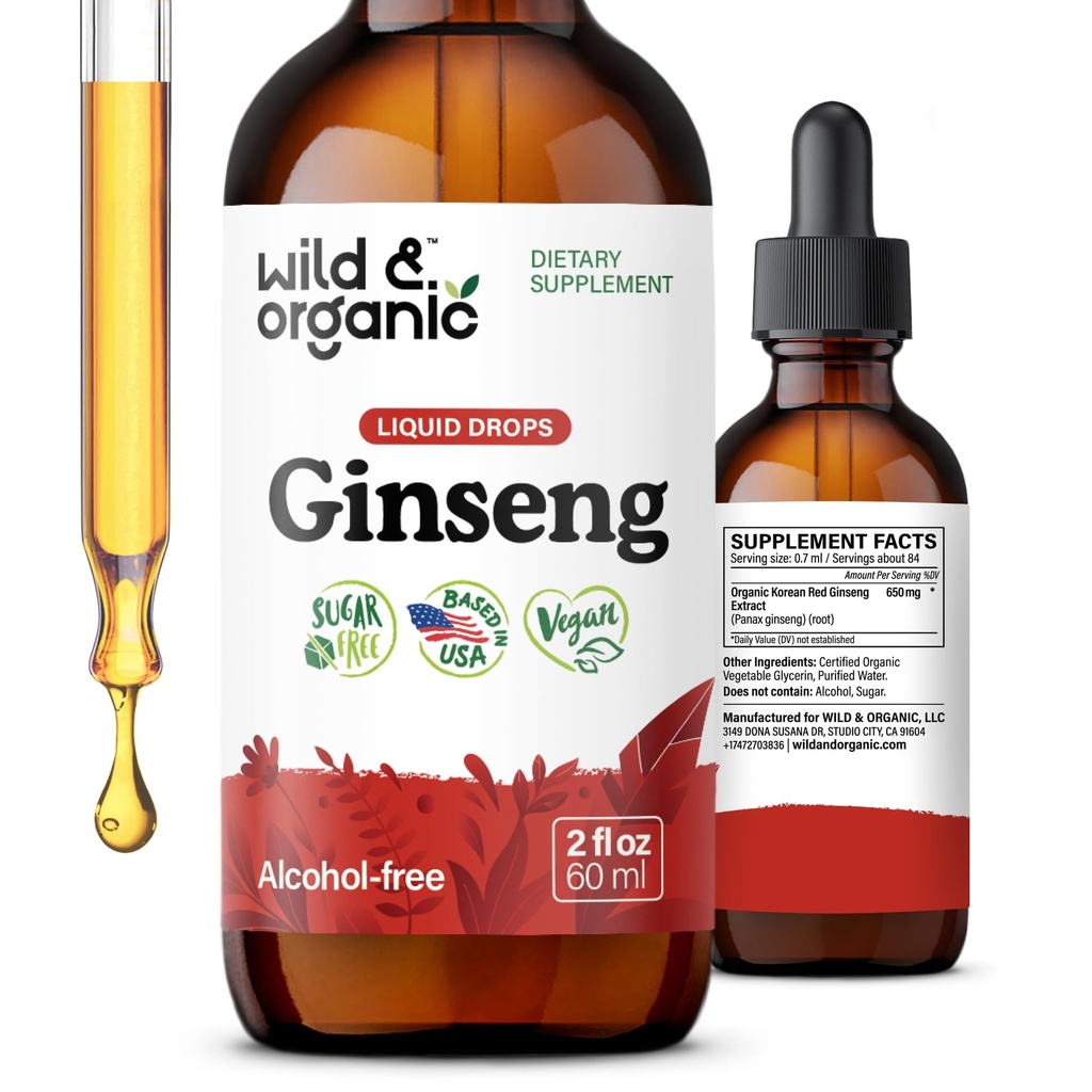 Wild & Organic Korean Red Ginseng Extract Drops - Immune Support - Panax Ginseng Supplement - Add to Tea Liquid Root Tincture - Vegan, Sugar & Alcohol-Free - 2 fl oz