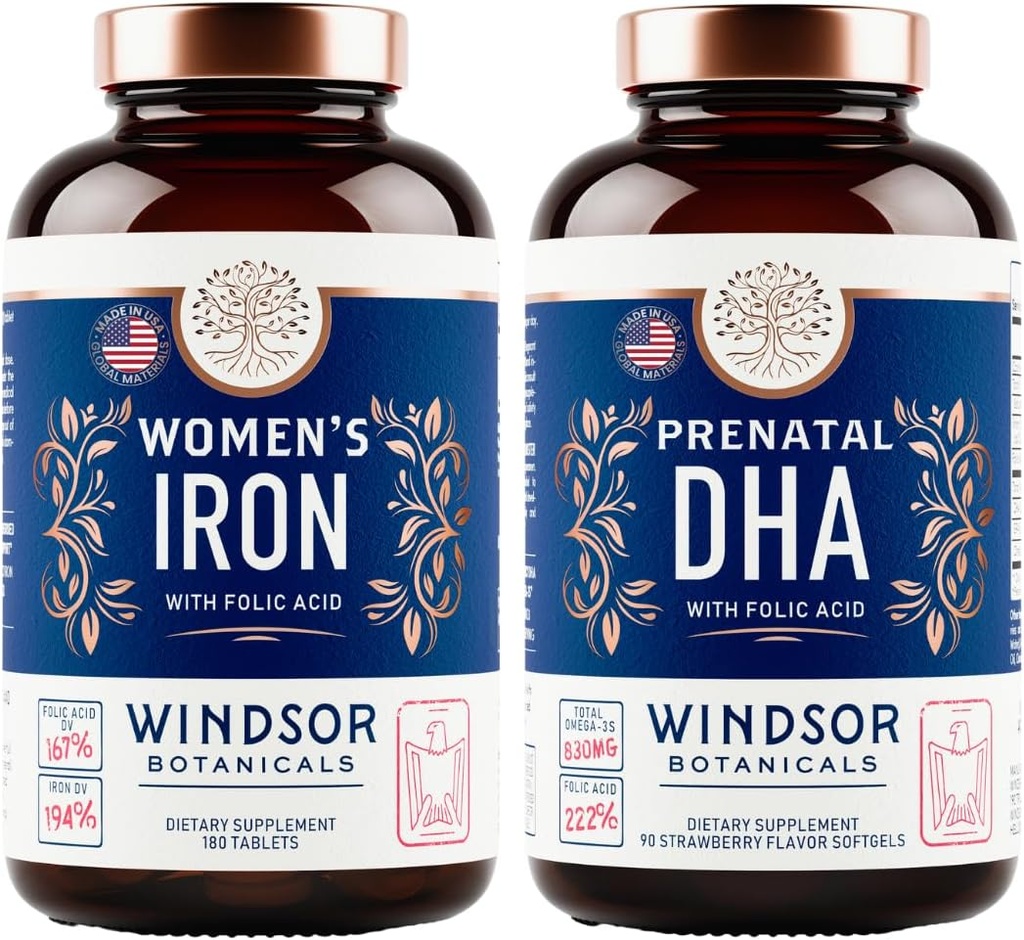 WINDSOR BOTANICALS Προγεννητικά χάπια DHA και σιδήρου για γυναίκες με φολικό οξύ - προγεννητική δέσμη βιταμινών