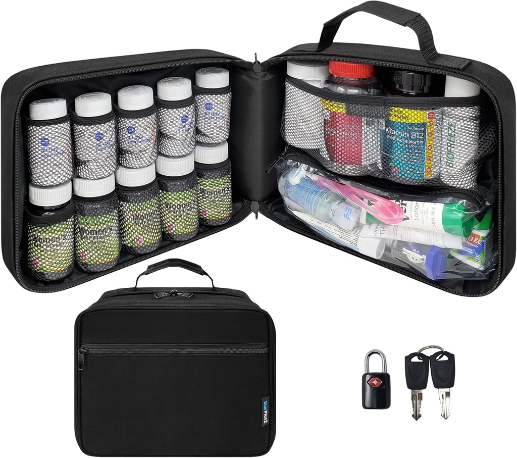 Μεγάλες Packed Pill μπουκάλι Organizer, τσάντα ιατρικής, περίπτωση, φορέας για φάρμακα, βιταμίνες, και ιατρικές προμήθειες - Travel Medicine Organizer και Home Storage Med Bag - Μαύρο (με TSA Lock)