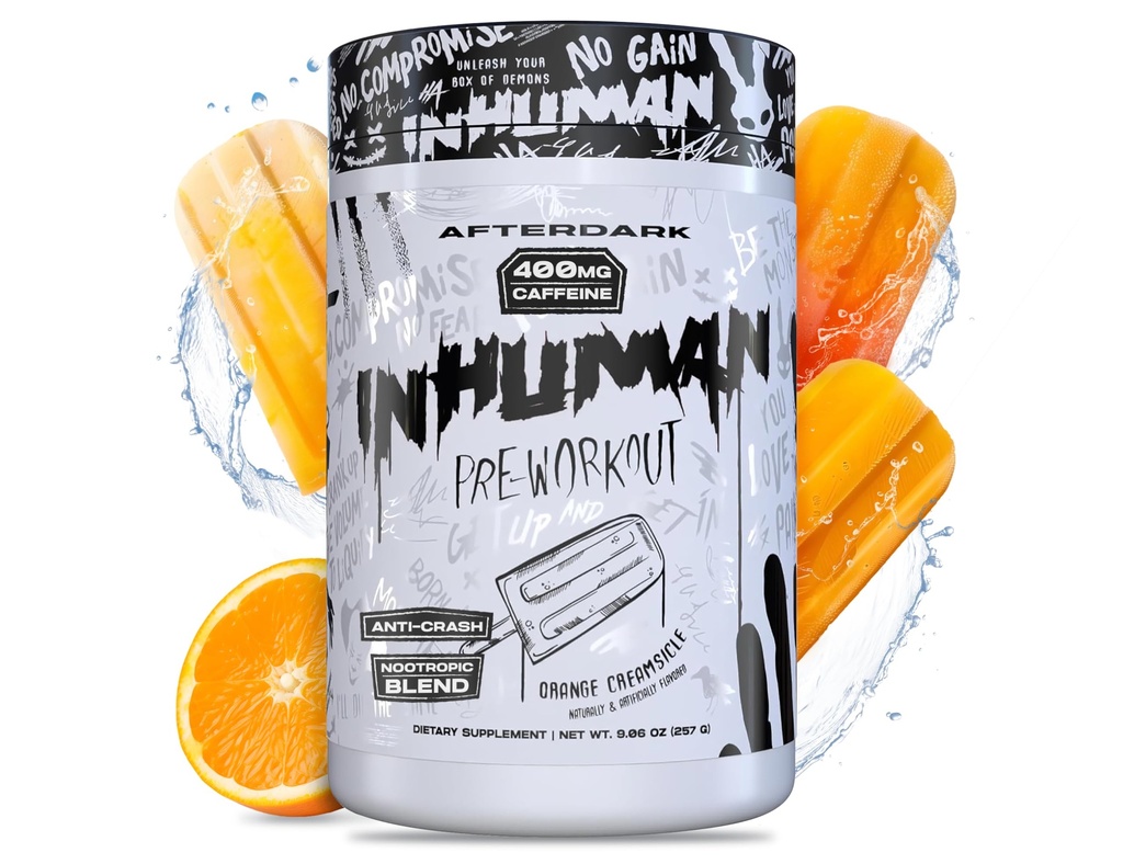 AFTERDARK INHUMAN Pre-Workout Toz, Geliştirilen Mind-Muscle Connection, Sustained Energy, Potent Nootropic Mix, Vegan, Gluten-Free, Soy-Free, 400 mg Caffeine, No Crash, Orange Creamsicle