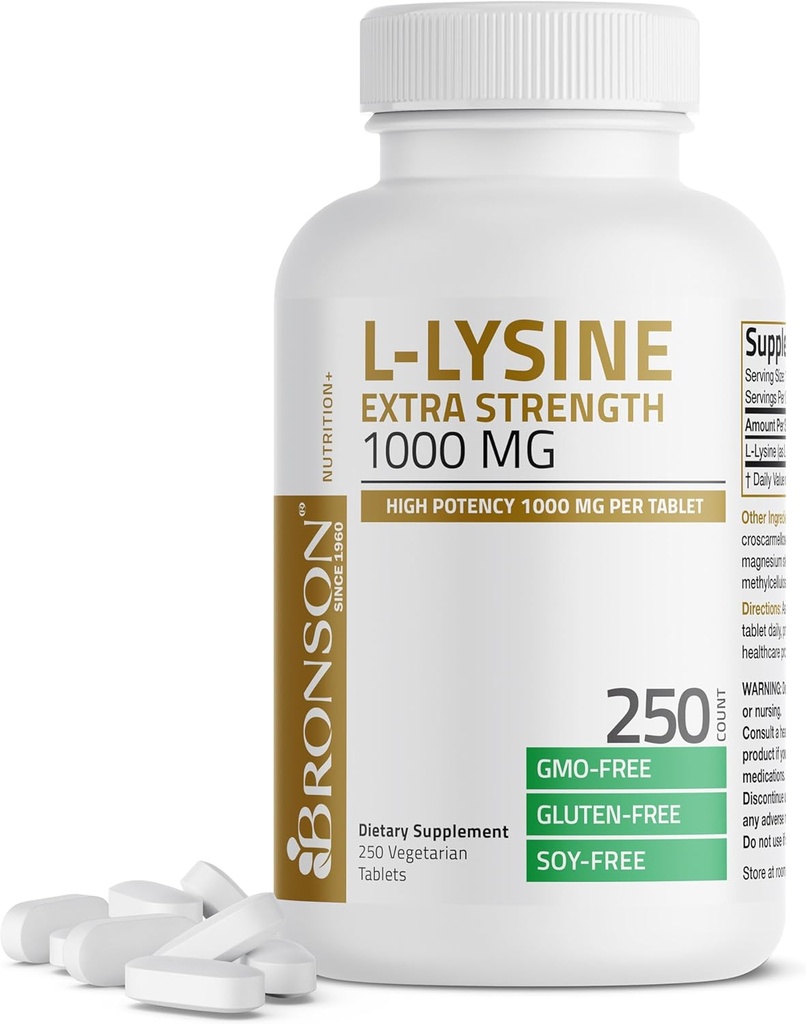 Bronson L- Lysine Extra Strength 1000 MG ανά δισκίο Υψηλής Ικανότητας, Ανοσολογική Υποστήριξη & Υποστήριξη Σύνθεση Κολλαγόνου, Μη- ΓΤΟ, 250 Χορτοφαγικά Δισκία