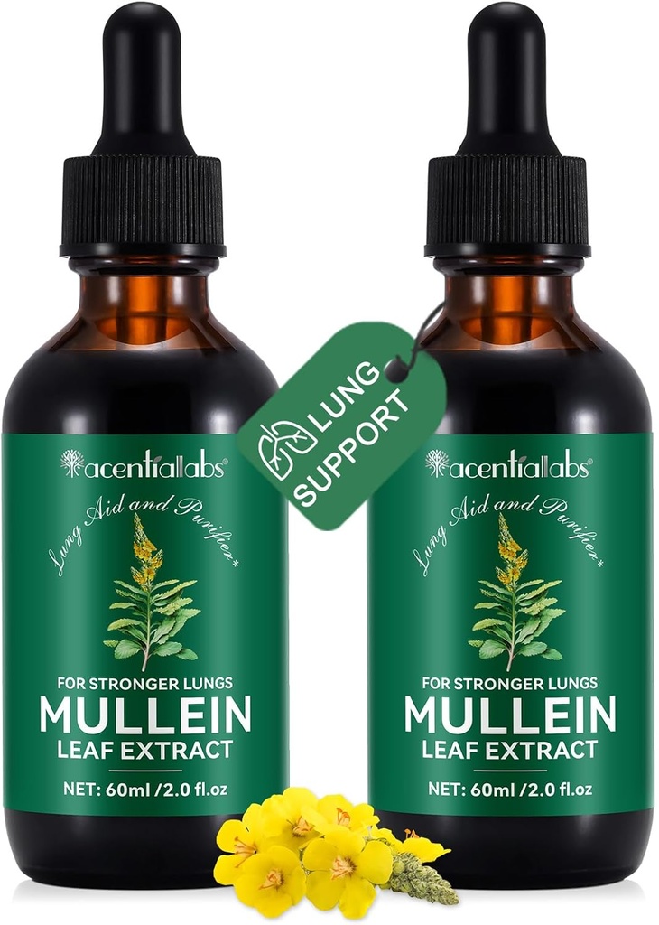 Lungs Health için 2 Adet Organik Sıvı Mullein Ekstraksiyonu - Vegan, Sağlık Desteği için Hiçbir Katkı Bronchial Cleanse - 2 fl oz Mullein Drops