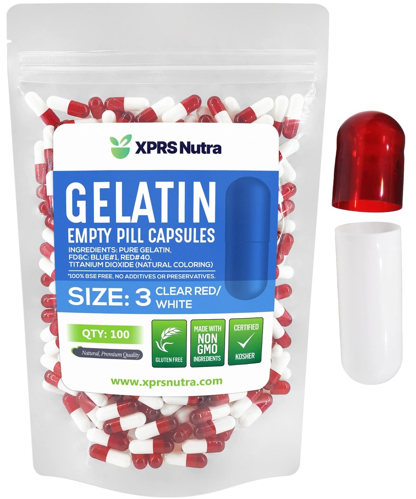 XPRS Nutra Μέγεθος 3 Κενές κάψουλες - 100 Count Empty Gelatin Κάψουλες - Χάπια DIY Καψάκιο Γέμισμα - Αγνά καπάκια τζελ Μπόβιν Χάπι Γέμισμα για Do-It-Yourself Βιταμίνες και Συμπληρώματα (Καθαρίστε Κόκκινο / Λευκό)