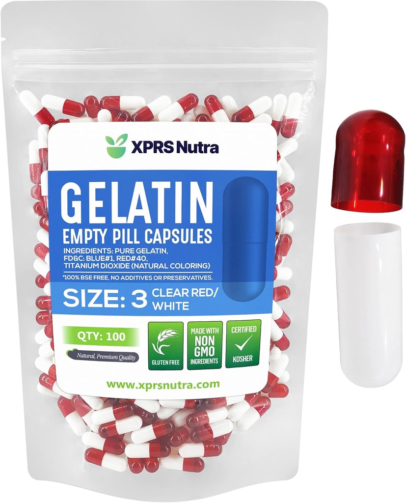 XPRS Nutra Boyutu 3 Boş Kapsüller - 100 Kont Boş Gelatin Capsules - Pills DIY Capsule - Pure Bovine Pill Gel Caps Do-It- Yourself Vitamins and Supplements (Clear Red/White)
