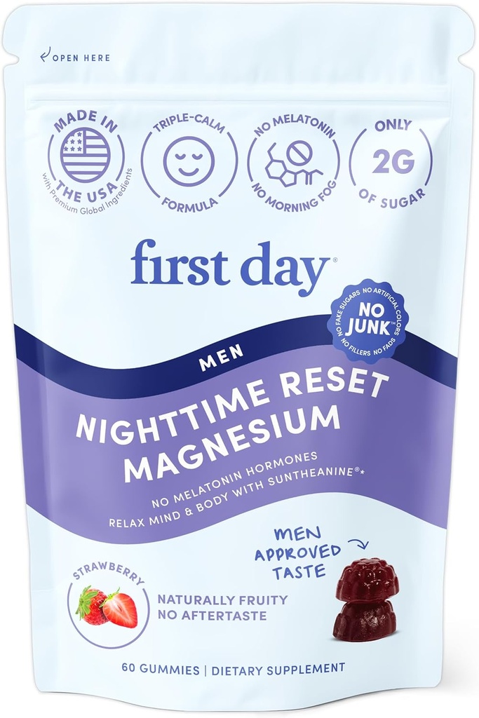 First Day Men's Nighttime reset Calming Magnezyum Gummies – Sleep Aid Supports Peaceful Rest, Balanced Mood & Energy – Supplement with Magnezyum Citrate, L-Theanine & No Melatonin – 30 Günlük Supply