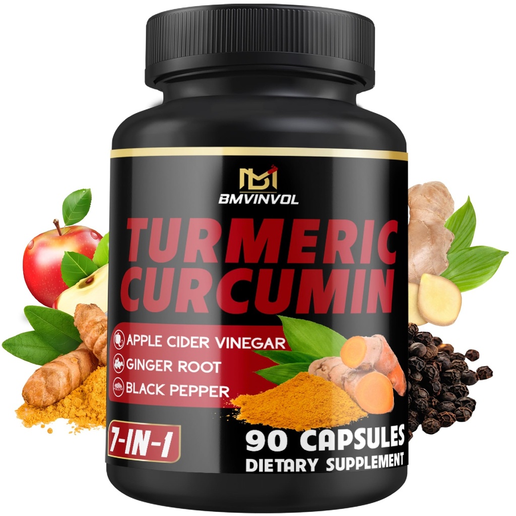 Turmeric Curcumin Supplement - Ginger, Apple Cider Vinegar, Black Pepper - 90 Count - 3 Ay Supply