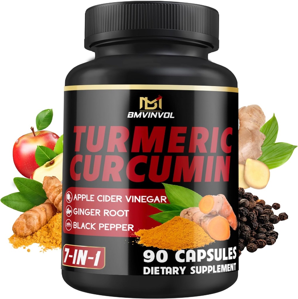 Turmeric Curcumin Supplement - Ginger, Apple Cider Vinegar, Black Pepper - 90 Count - 3 Ay Supply