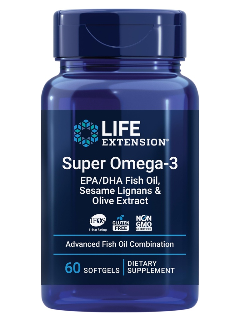 Life Extension Super Omega-3 EPA/DHA Fish Oil, Sesame Lignans & Olive Extract – Heart Health, Brain Health, Inflammation Health Support, Cholesterol Health Support, Gluten-Free, Non-GMO, 60 Softgels