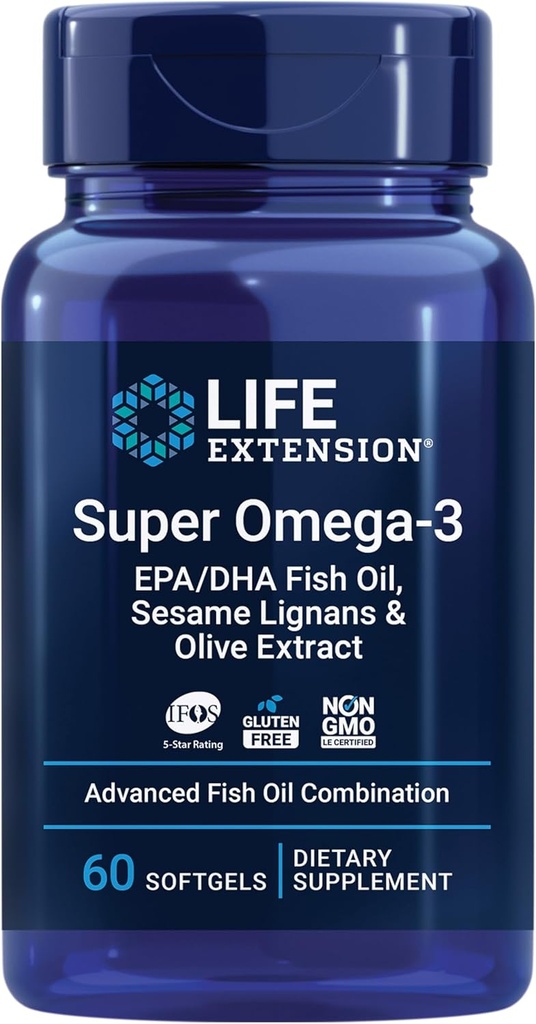 Life Extension Super Omega-3 EPA/DHA Fish Oil, Sesame Lignans & Zeytinyağı - Kalp Sağlığı, Beyin Sağlığı, Inflammation Health Support, Cholesterol Health Support, Gluten-Free, Non-GMO, 60 Softgels