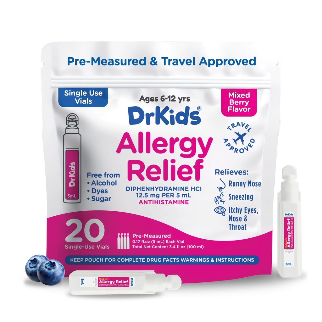 Dr. Kids Children's Alerji Relief Medicine with Diphenhydramine - Pre-Measured Single-Use Vials, Kids Antihistamine for Sneezing, Runny Nose & Itchy Eyes, Karma Berry Flavor, 20 Count (Pazarlıkta)