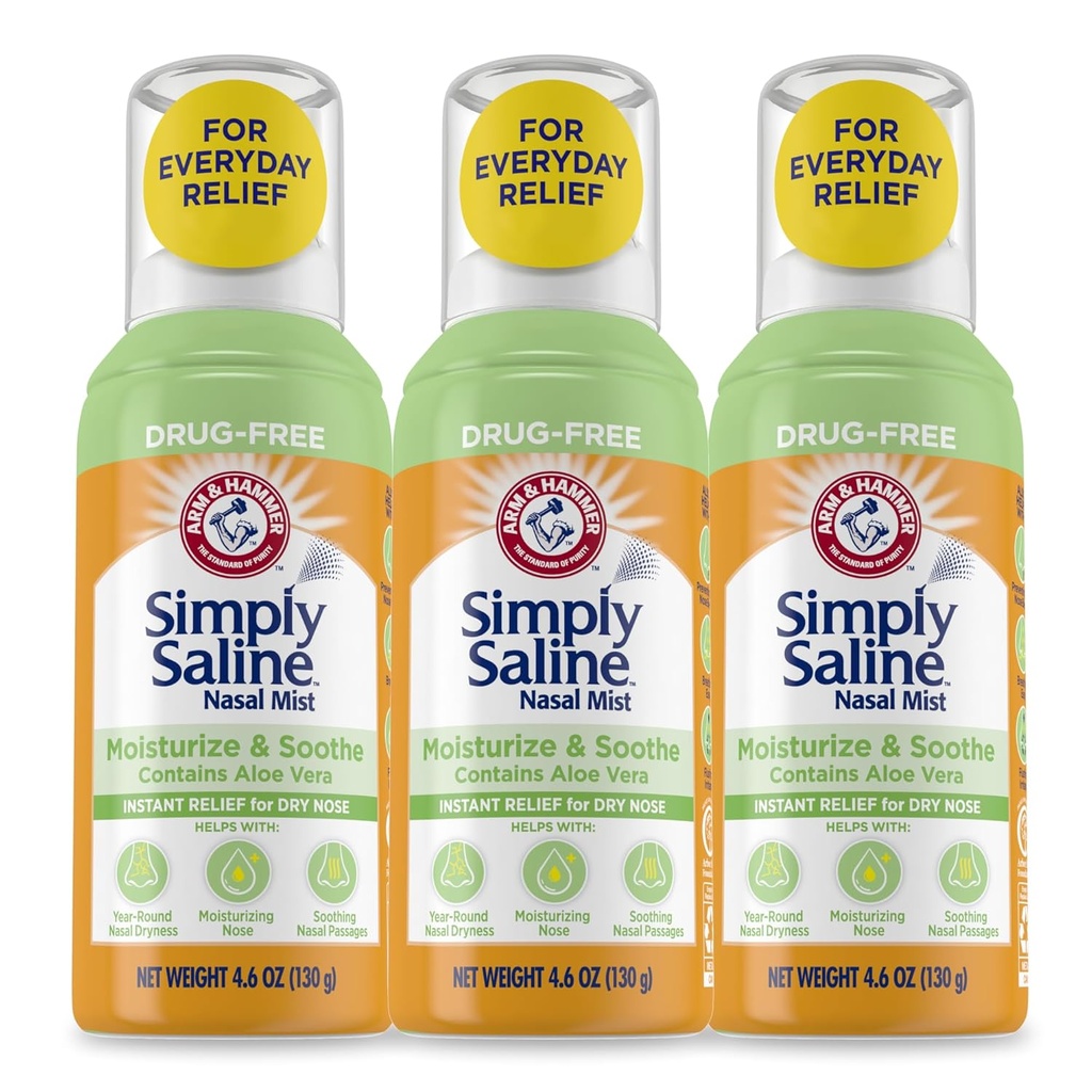 Arm & Hammer Sadece Nasal Mist, Drug-Free Moisturing Saline Nasal Spray for Instant Relief for Kuru Nose, 4.6 Oz (130 g), 3 Pack