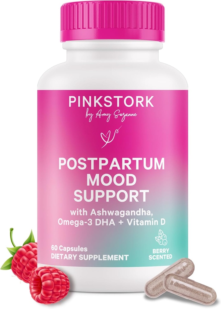 Pink Stork Postpartum Mood Support - Postnatal Hormone Balance for Women - Breastfeeding Friendly - Stress & Cognitive Support, New Mom Essentials - Ashwagandha, Chamomile, & Vitamin D, 60 Capsules