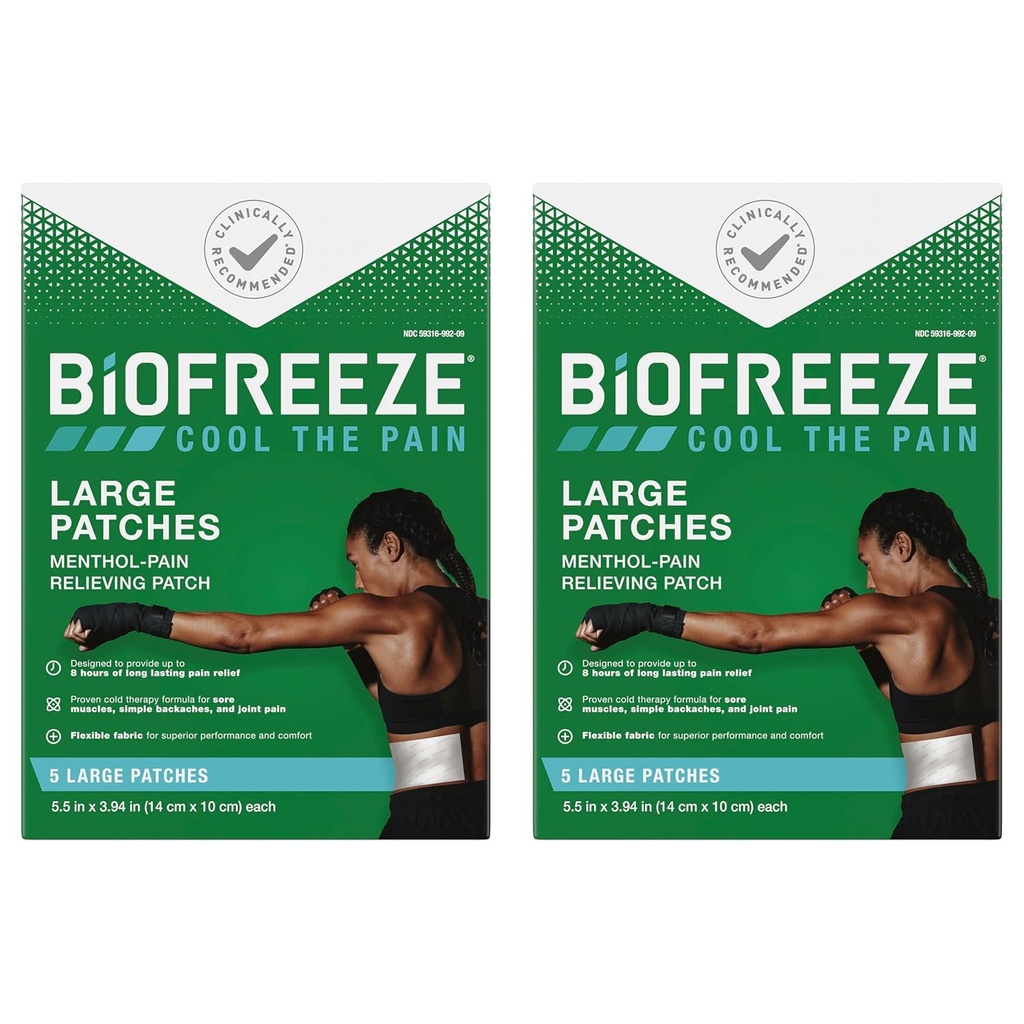 Biofreeze Pain Relief Patches, Arthritis Pain Reliver, Diz & Lower Back Pain Relief Patch, Sore Muscle Relief, Boy Pain Relief, 2 Pack (5 Biofreeze Menthol Patches)