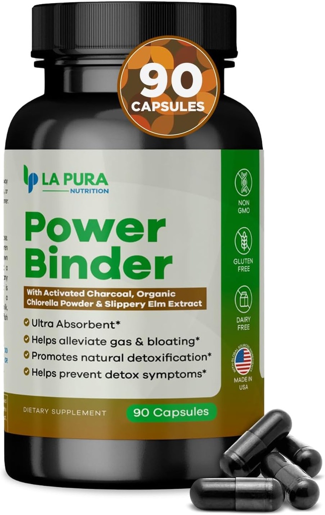 LaPura Power Binder - Detox & Cleanse Aktif Charcoal, Organik Klorella Toz & Terpery Elm Ekstraksiyonu - Tümevli Gaz & Bloating - Doğal Detoxification - 90 Capsules