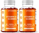 Vitamatic Vitamin D3 Gummies – 5000 IU Per Gummy | Şişe başına 60 Gummies | 2 Paket (Toplam 120) Büyük Tadı | Destekler Bone, Teeth, Mood, Ortak & Immune Health