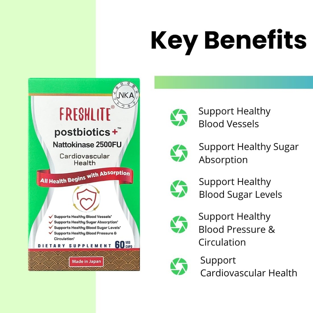 FRESHLITE 2500FU Premium NSK-SD Nattokinase & Vegan Kartiovascular Destek | Kan Baskı, Cholesterol & Heart Health | JNKA Sertifikalı | GMO, Gluten-Free, 60 Capsules Japonya Made