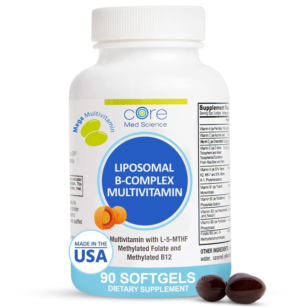 Core Med Science Liposomal methylated Multivitamin B-Complex, 90 Softgels - Μη GMO Active Super B Complex Vitamin Supplement for Heart Health - VIT Methyl B Complex Immune Support Supplement