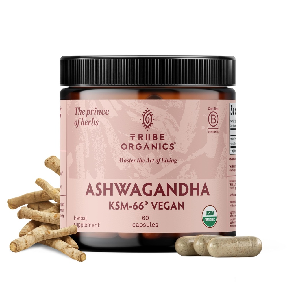 TRIBE ORGANICS Vegan Ashwagandha KSM 66 Saf Organik Kök Toz Üretme Ayurvedic Supplement - Focus Mood Support Enerjiyi Üstün Aborpsiyon için 600 mg - 90 Capsules