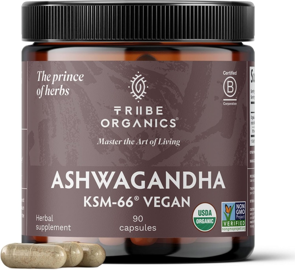 TRIBE ORGANICS Vegan Ashwagandha KSM 66 Saf Organik Kök Toz Üretme Ayurvedic Supplement - Focus Mood Support Enerjiyi Üstün Aborpsiyon için 600 mg - 90 Capsules