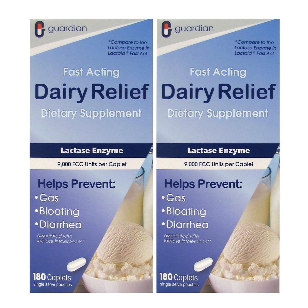 Guardian Dairy Relief Fast Acting Lactase, 360 Caplets, 9000COM Maksimum Güçlü, Lactose intolerance Pills, Lactase Enzyme Supplement (360 CT)