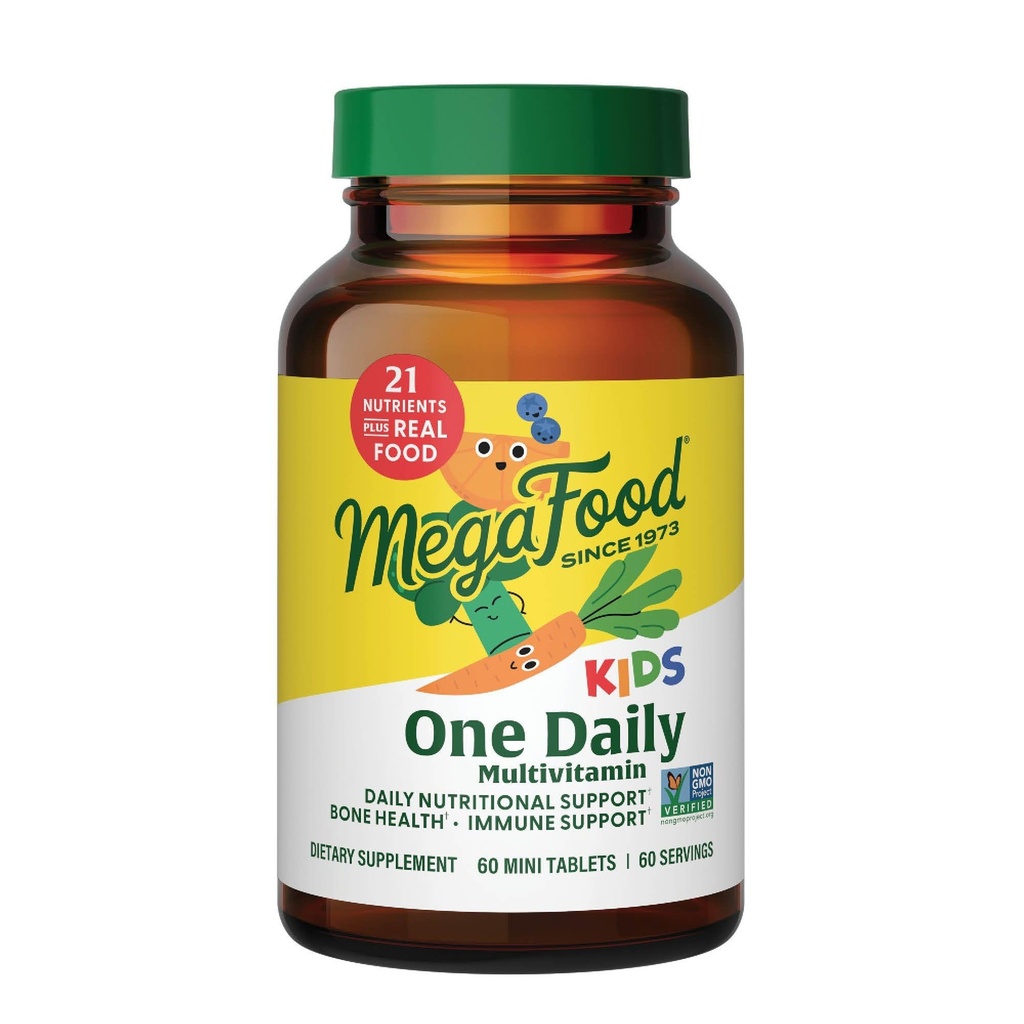 MegaFood Kids Μία Καθημερινή Πολυβιταμίνη - Βολικό Mini Multivitamin για παιδιά - με ψευδάργυρο, βιταμίνες C, B & D - Χορτοφαγικά, Χωρίς γλουτένη, Μη ΓΤΟ - 60 δισκία, 60 σερβιρίσματα