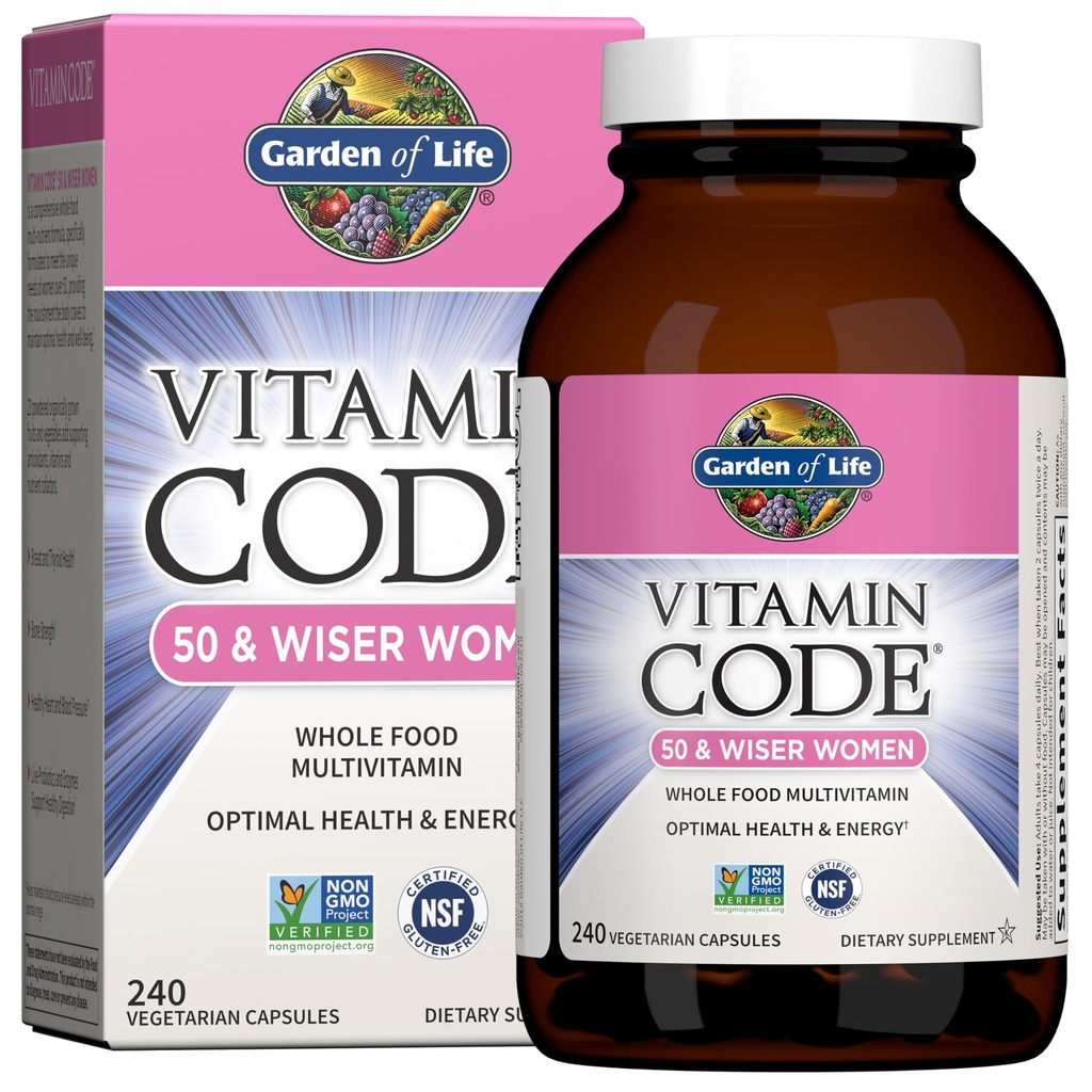 Kadınlar için Yaşam Bahçesi 50 & Over, Vitamin Kodu Kadın 50 & Wiser Multi - 240 Capsules A, B, C, D3, E & K, CoQ10, Probiyotiks & Enzymes