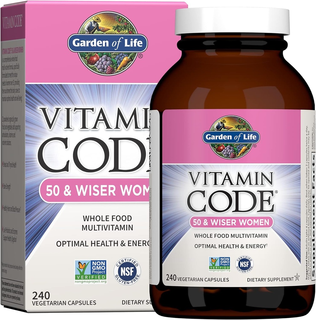 Kadınlar için Yaşam Bahçesi 50 & Over, Vitamin Kodu Kadın 50 & Wiser Multi - 240 Capsules A, B, C, D3, E & K, CoQ10, Probiyotiks & Enzymes