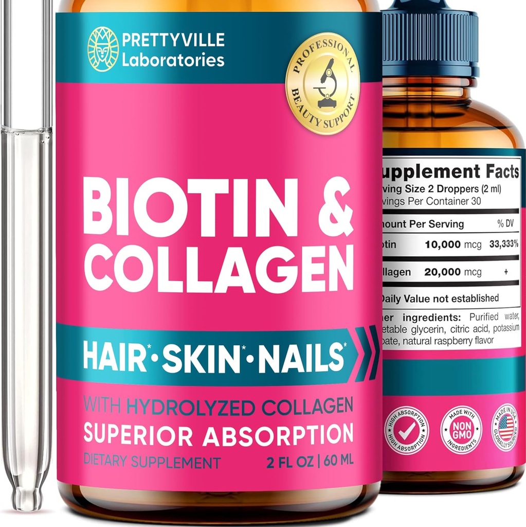 Kadınlar için Sıvı Collagen & Biotin - 3000006 Saç Büyüme Kompleksi - Amerika'da Yapıldı - Saç Büyümesi için Hidrolyzed Collagen & Biotin Oil - Vegan Collagen & Biotin Source - 2 fl ozzz