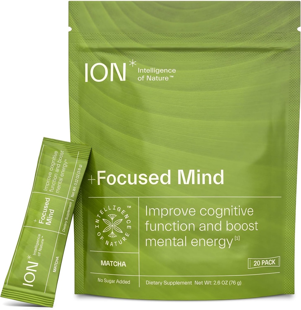 ION* Nature +Focused Mind | Bilişsel Fonksiyonları Geliştirmek, Zihinsel Enerjiyi Arttırmak | No Sugar eklendi | Vegan | Gluten Free | Glyphosate Residue Free | 20 Packets