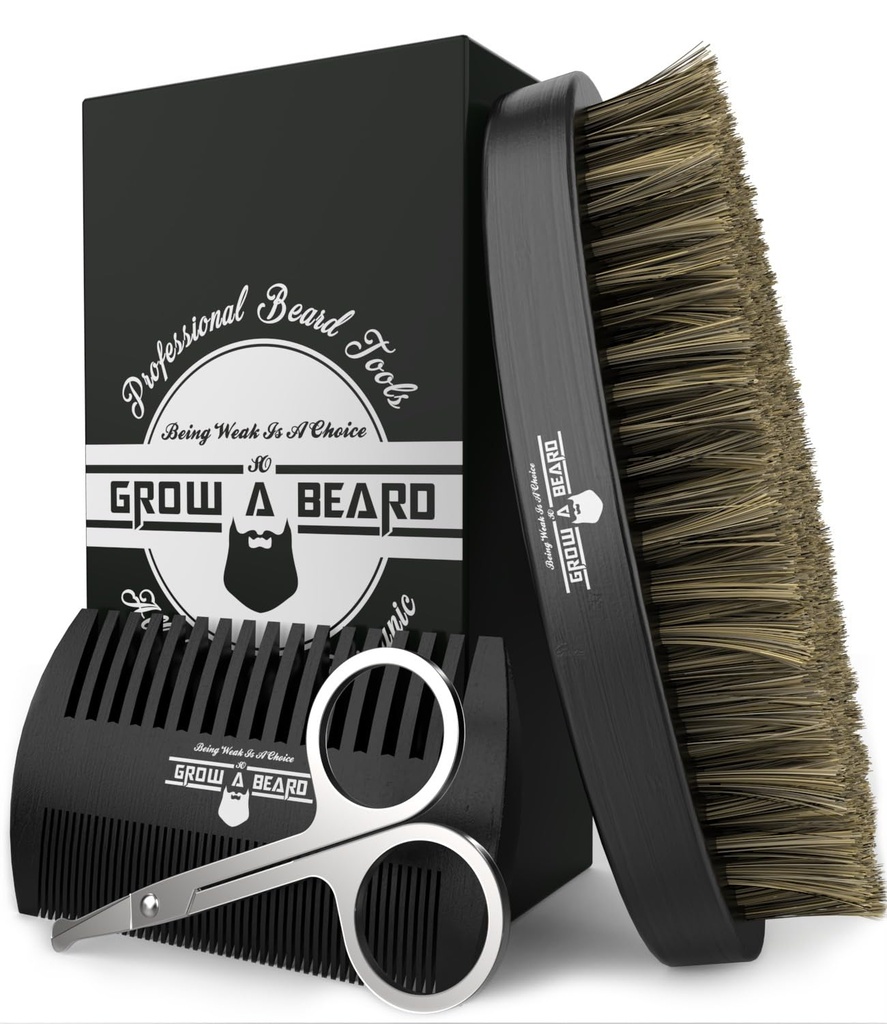 Men & Beard Comb Set w/Mustache Scisssors Grooming Kit, Natural Boar Bristle Brush, Dual Action Wood Comb, And Travel Bag Great For Christmas Gift