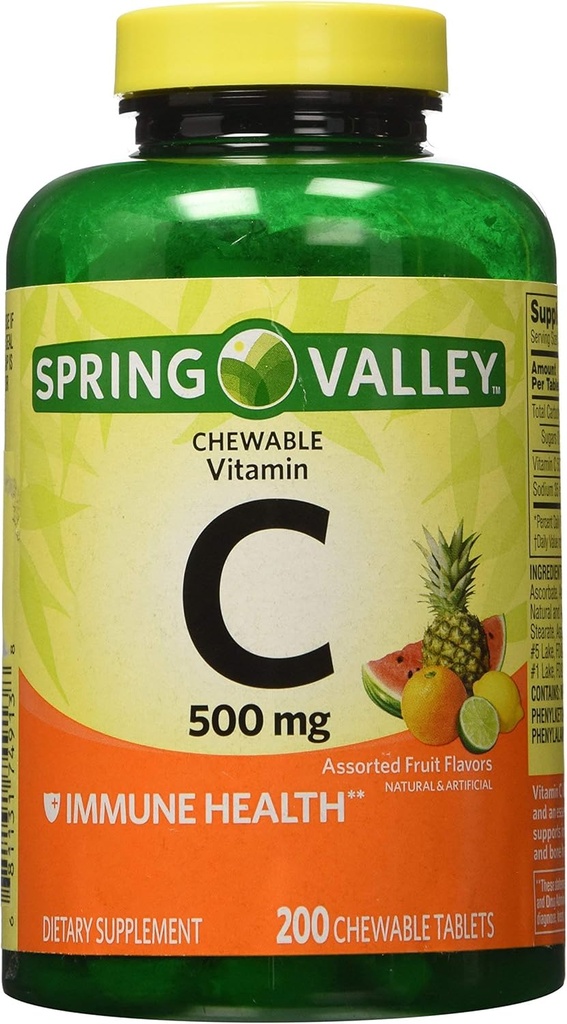 Spring Valley - Βιταμίνη C Πολλαπλές Γεύσεις Φρούτων 500 mg, 200 Μασώμενα δισκία (2 Pack) + 1 Mini Travel Pill Container με Keychain (Χρώμα May Vary)