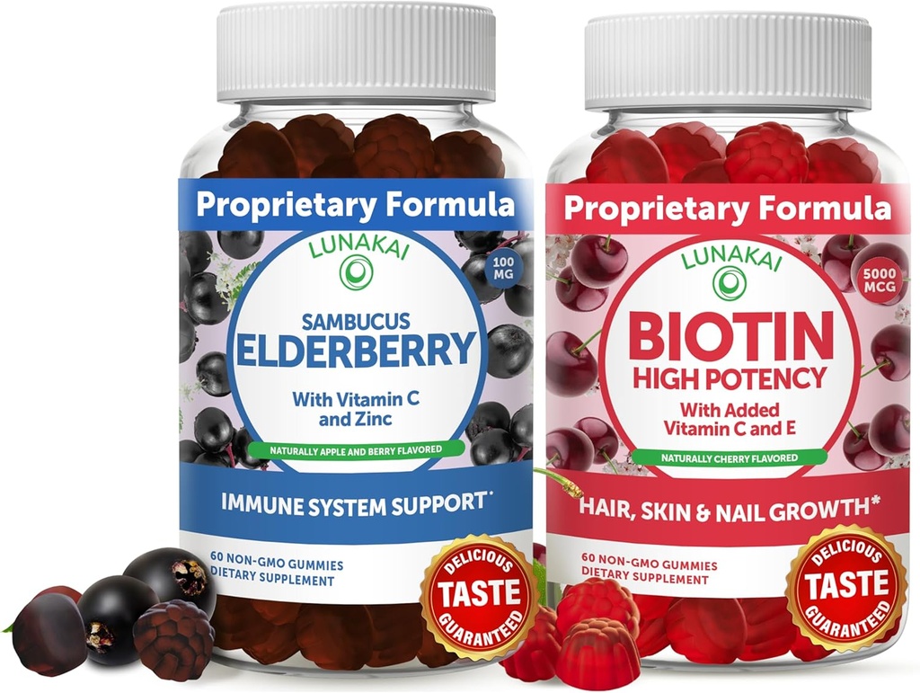Lunakai Biotin & Elder Gummies Sche - Saç Büyümesi için Gummy, Skin Glow ve E - Immune Support Supplement for Yetişkinler and Kids