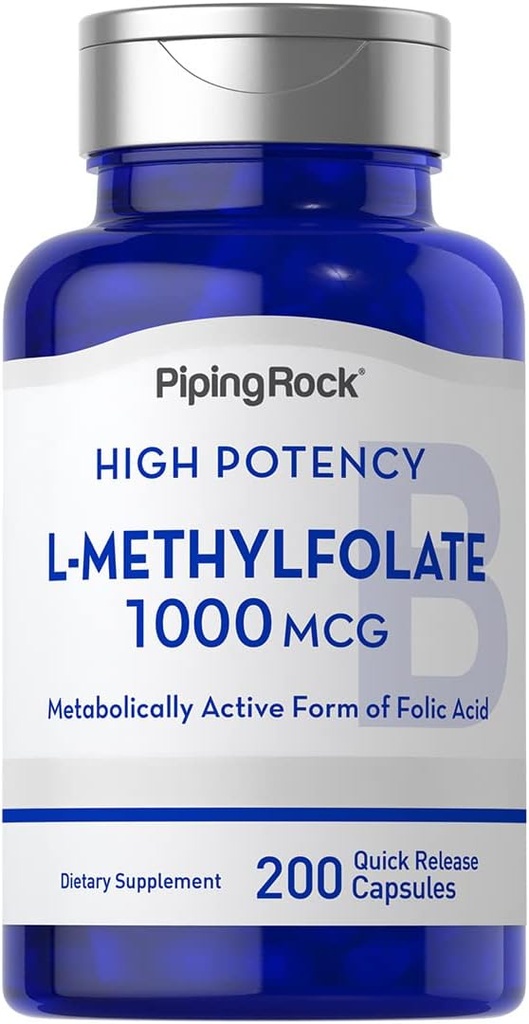 Piping Rock L Torchfolate Supplement | 1000 mcg | 200 Capsules | Active Form of Folic Acid | Non-GMO, Gluten Free