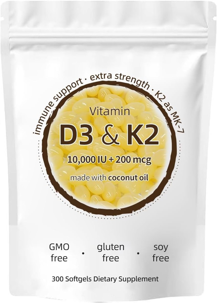 Συμπλήρωμα βιταμίνης D3 K2, 10000 IU D3 + 200 MCG K2, 300 Softgels, Μη ΓΤΟ, Χωρίς γλουτένη