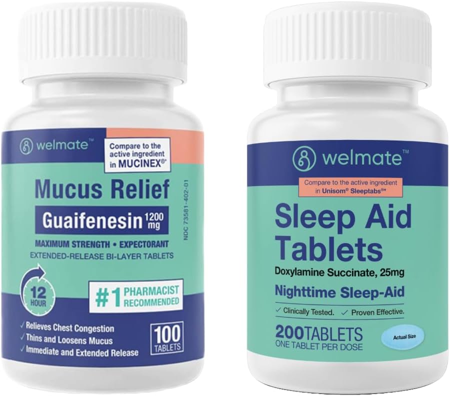 WELMATE Nighttime Wellness Bundle: Μέγιστη δύναμη Guaifenesin 1200mg Mucus Relief (100 Ct) & Doxylamine ηλεκτρική 25mg Sleep Aid (200 Ct) 