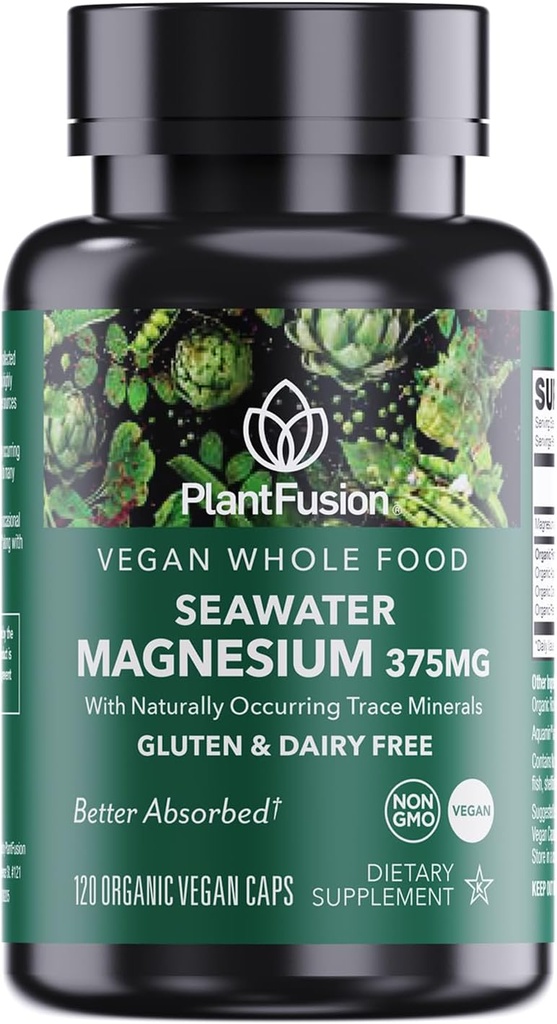 PlantFusion Vegan Magnezyum Kompleksi Deniz Su'dan 375 mg, Bio available Magnezyum Marine with Fermented Organic Whole Food Mix, Non-GMO, Muscle & Relaxation Support, 120 Cap