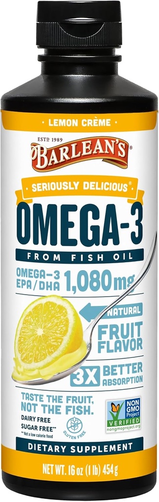 Barlean'ın Omega 3 Fish Oil Liquid Supplement for Men and Women, Lemon Crème, Omega 3 EPA ve DHA Fatty Asit, 16 ozz
