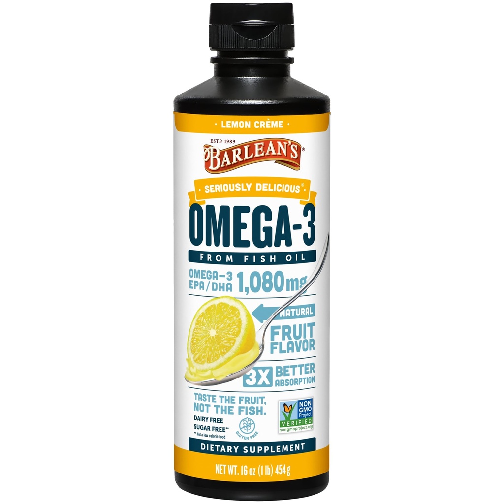 Barlean'ın Omega 3 Fish Oil Liquid Supplement for Men and Women, Lemon Crème, Omega 3 EPA ve DHA Fatty Asit, 16 ozz
