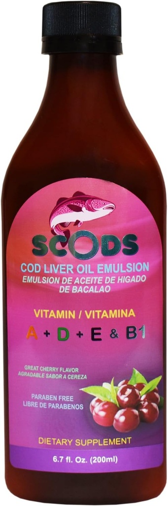 Emulsion de Scods Cereza Cod Liver Oil Emulsion Cherry 200ml Vitamin A + D + E & B1