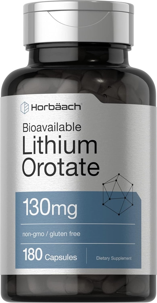Horbäach Lityum Orotate 130 mg | 180 Capsules | Non-GMO, Gluten Free | 5 mg Bio available Elemental Lityum