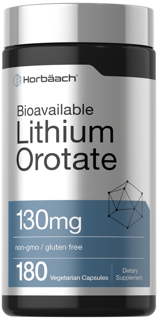 Horbäach Lityum Orotate 130 mg | 180 Capsules | Non-GMO, Gluten Free | 5 mg Bio available Elemental Lityum