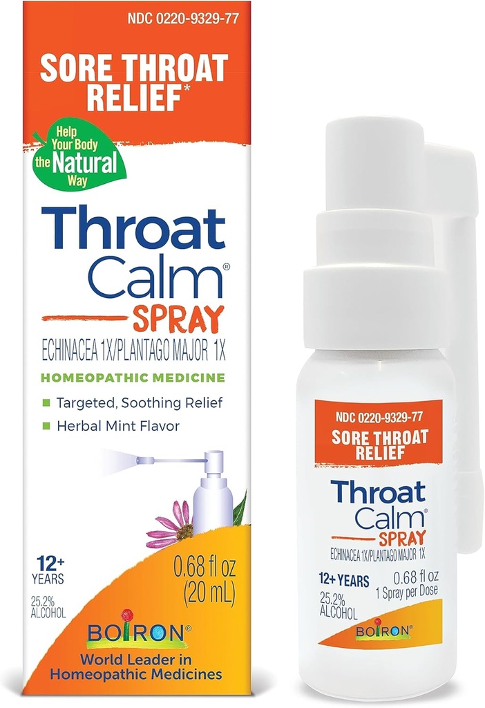 Boiron ThroatCalm Sprey for Soothing Sore Throat Relief - Plant-Powered with Echinacea - Natural, Mint-Like Herbal Flavor - Non-Numbing & Benzoka-Free - .68 Fl Oz