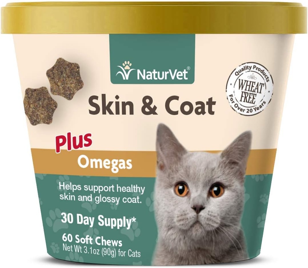 NaturVet - Kediler için Skin & Coat Plus Omegas - 60 Soft Chews | Sağlıklı Skin & Glossy Coat | Omega-3, Omega-6 & Biotin | 30 Day Supply Plus