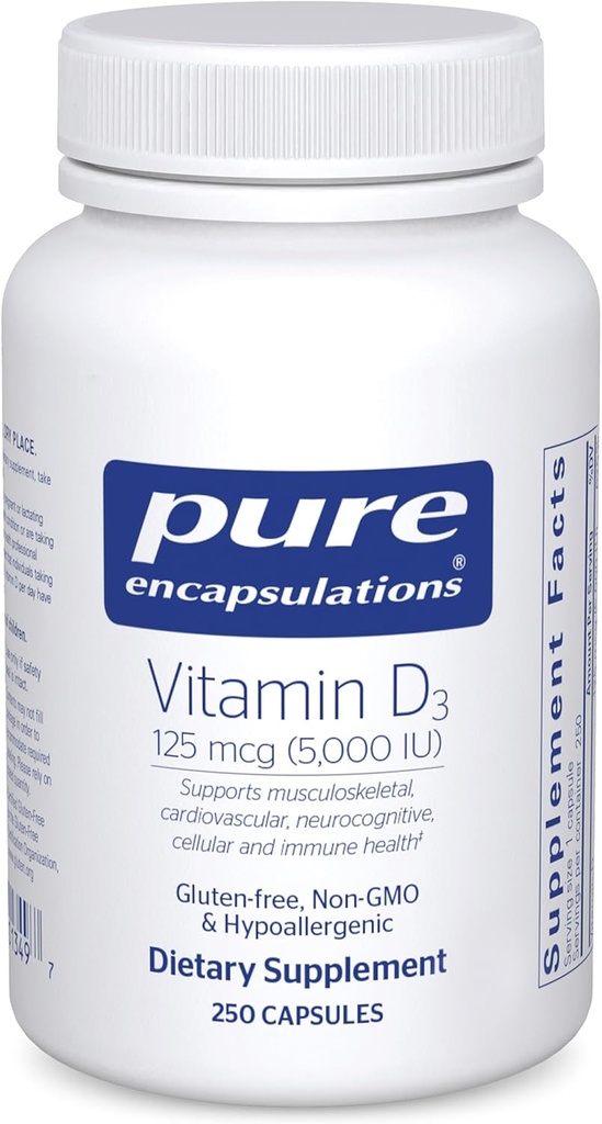 Pure Encapsulations Βιταμίνη D3 125 mcg (5,000 IU) - Συμπλήρωμα για την υποστήριξη των οστών, των αρθρώσεων, του μαστού, της καρδιάς, του παχέος εντέρου και του ανοσοποιητικού * - με βιταμίνη D - 250 κάψουλες